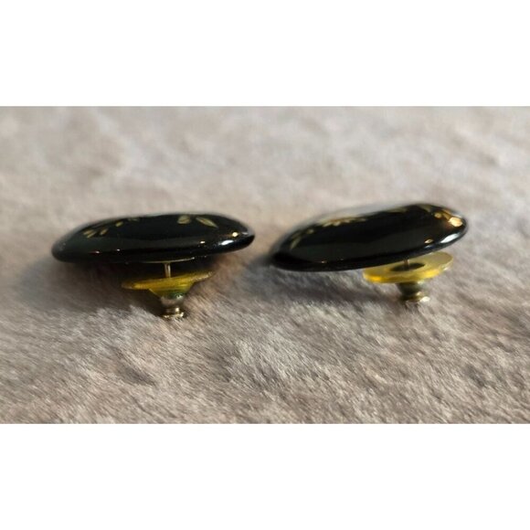 Vintage Black Enamel Floral Earrings 1" Round Hand Painted Wood Stud Post - Picture 3 of 8
